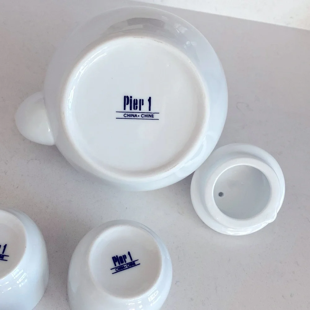 Pier 1 Imports Porcelain Tea Set White China Teapot & 4 Cups Classic Decor Asian